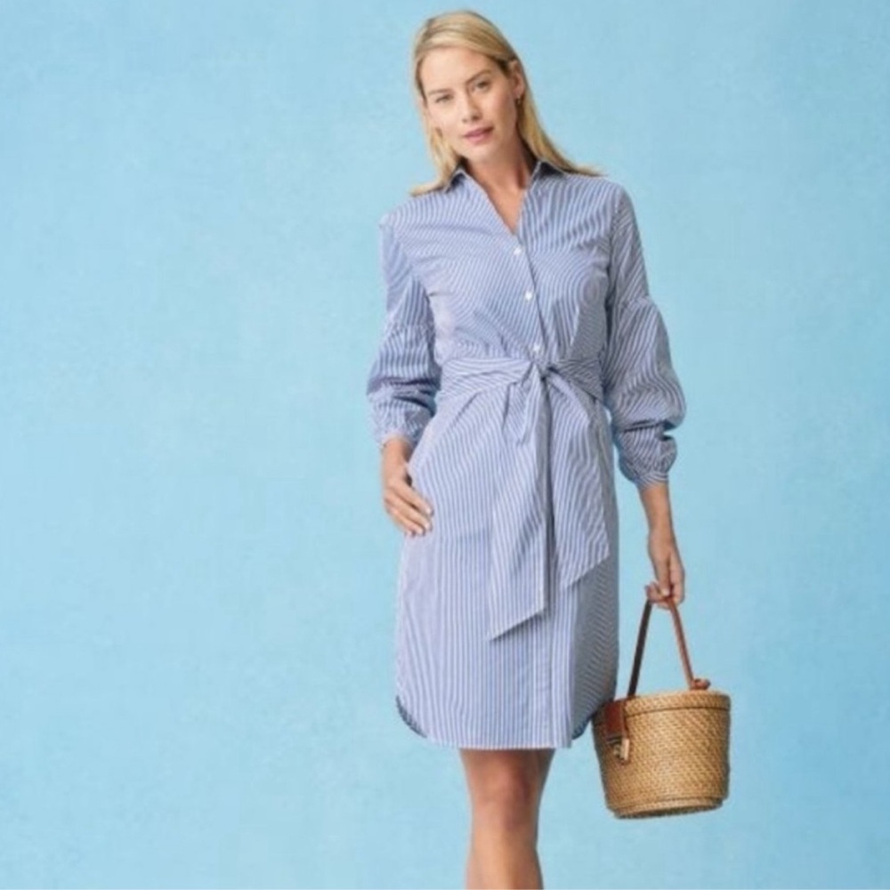 J. McLaughlin Millbury Shirt Dress Tie Belt Blue White Striped Small